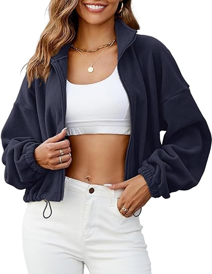Timuspo Fleecejack voor dames, zonder capuchon, trekkoord aan de zoom, opstaande kraag, sherpa-jas met zakken, volledige ritssluiting, lange mouwen, winterjas, kort, casual, warm sweatshirt, effen