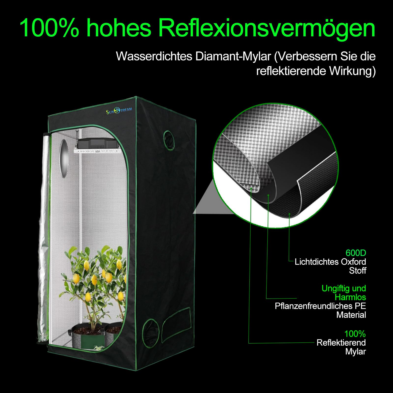 SunStream Tienda de cultivo verde 100 x 100 x 200 cm, para interior, resistente a la luz y al agua, armario de cultivo con ventana de observación de Mylar resistente al agua y bandeja inferior para