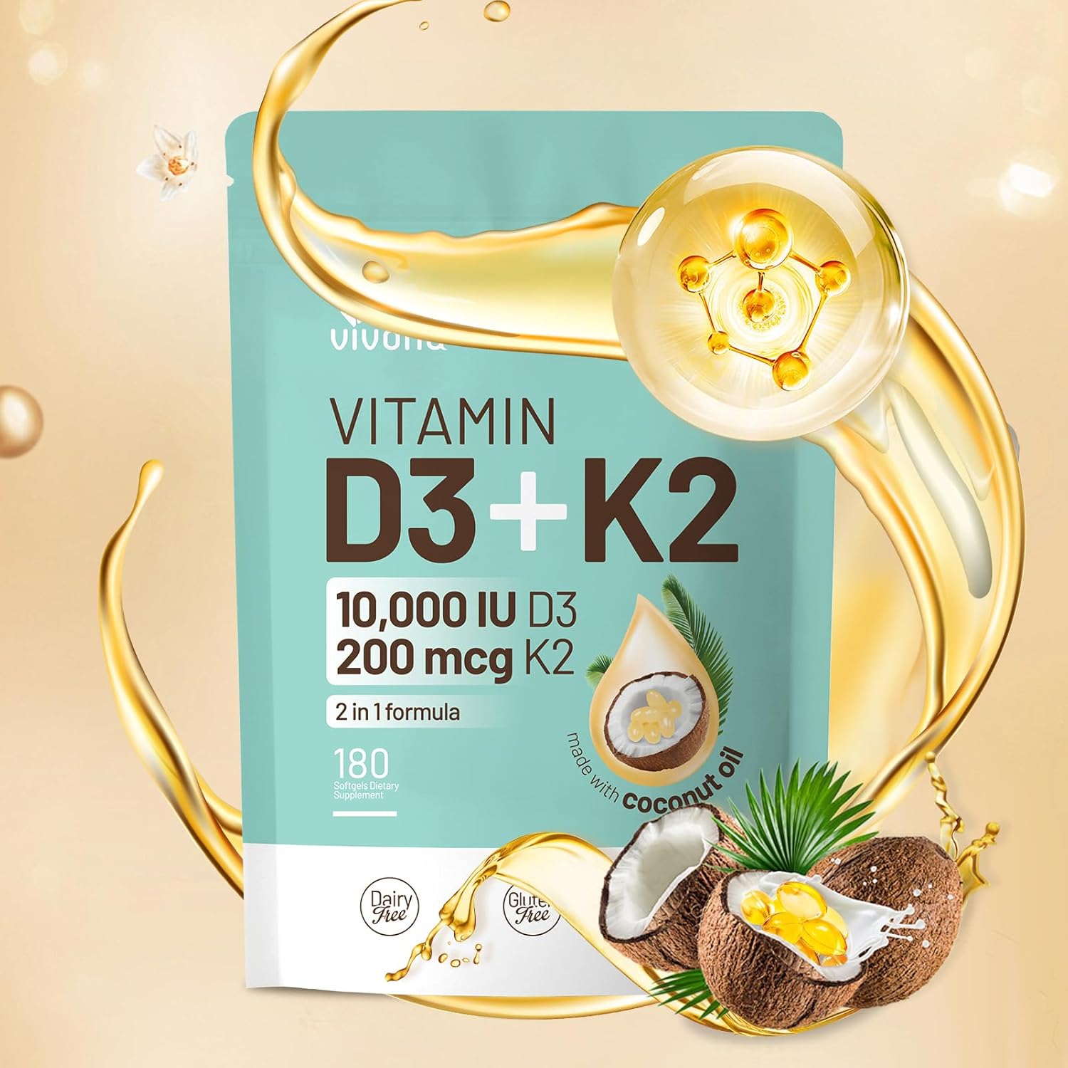 VivoNu Vitamin D3 K2 10000 IU with MK7-300 Virgin Coconut Oil Softgels, 2 in 1 Vitamins D & K Complex | Vitamina D3 con K2 ((180 capsules/1Bag))