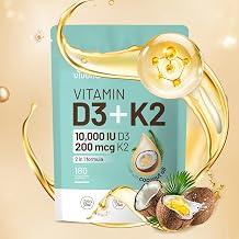 VivoNu Vitamin D3 K2 10000 IU with MK7-300 Virgin Coconut Oil Softgels, 2 in 1 Vitamins D & K Complex | Vitamina D3 con K2 ((180 capsules/1Bag))