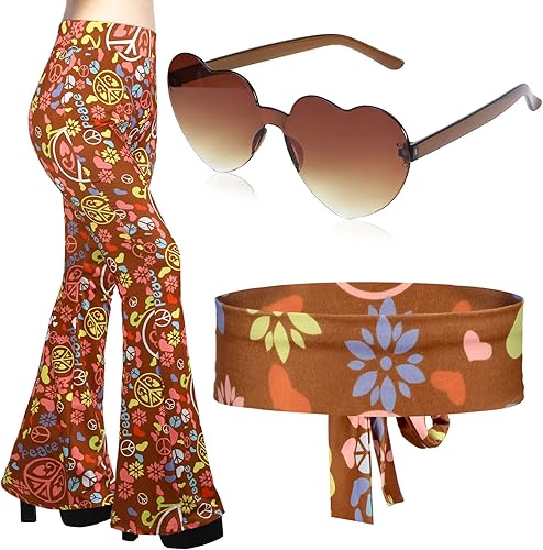 Tisancy Conjunto de 3 piezas de disfraz hippie de los años 60 y 70 para mujer, pantalones acampanados de discoteca, trajes geniales de los años 70,