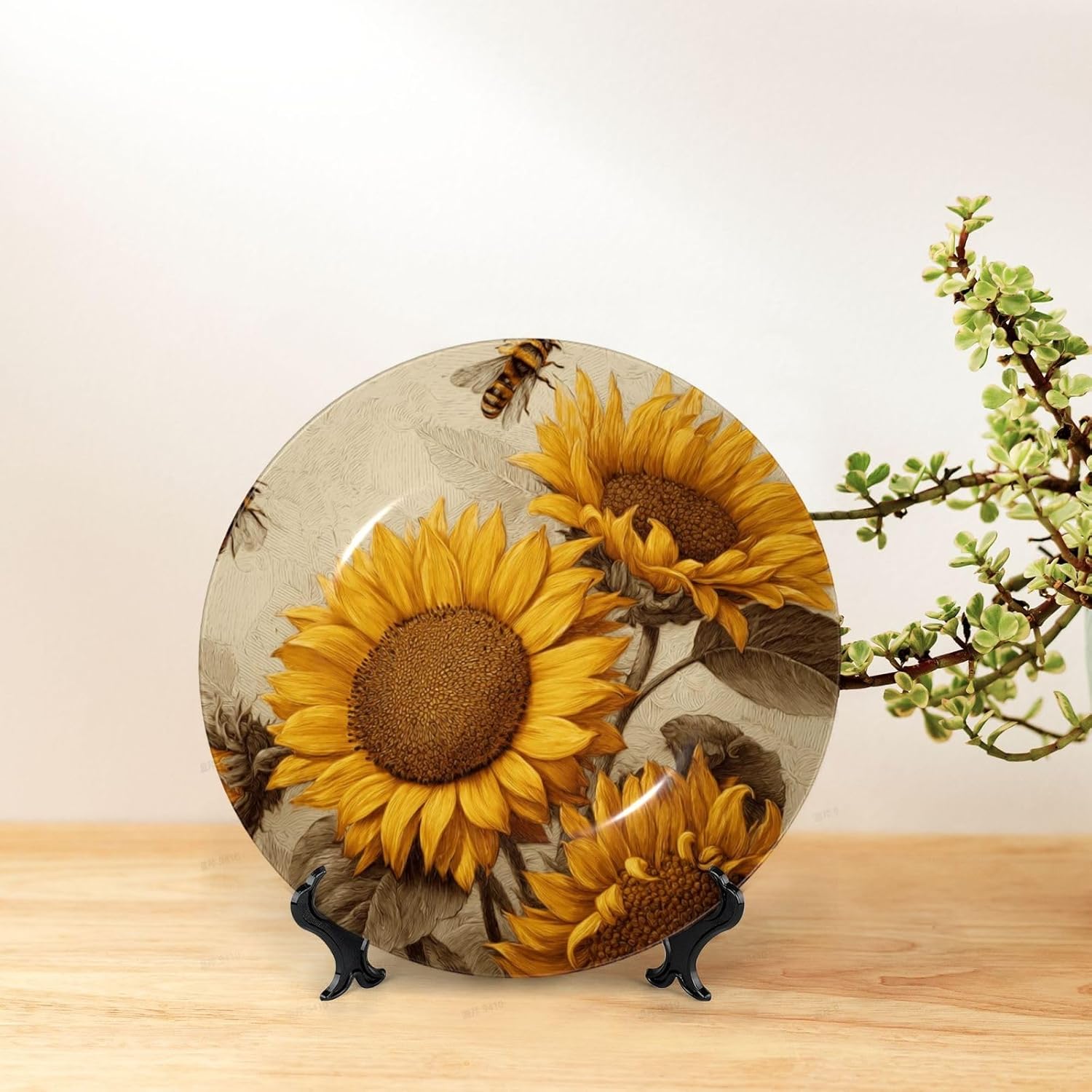 Decorative Plate 10in Bone China Dessert Plates with Display Stand Ceramic Ornament Ceramic Bees and sunflowers Decorative Plates Art Crafts Porcelain Plate for Home Club Living Room