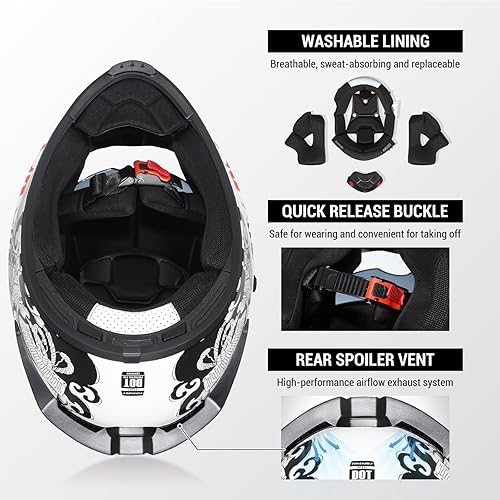 Miniatura 5 de TRIANGLE Cascos de motocicleta de cara completa para adultos, hombres y mujeres, doble visera con protector solar interno aprobado por DOT (blanco