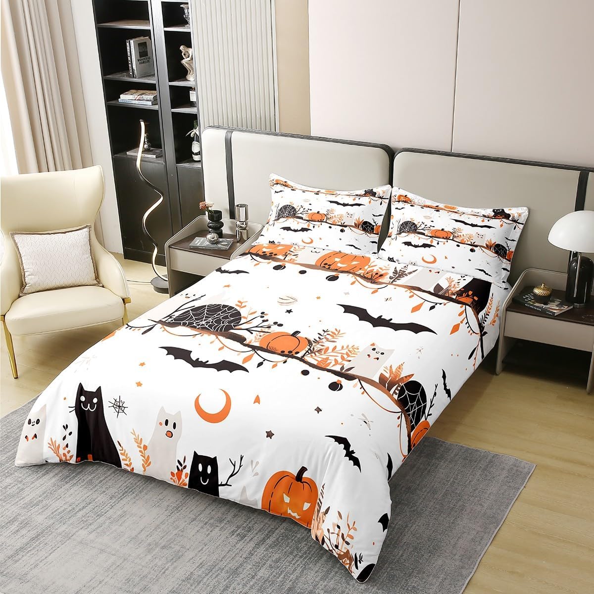 100% Cotton Rustic Farmhouse Halloween Duvet Cover King,Wild Bats Cats Bohemian Moon Star Comforter Cover (Not Comforter),Watercolor Plants Cartoon Animals Super Soft Bedding Bedroom Decor