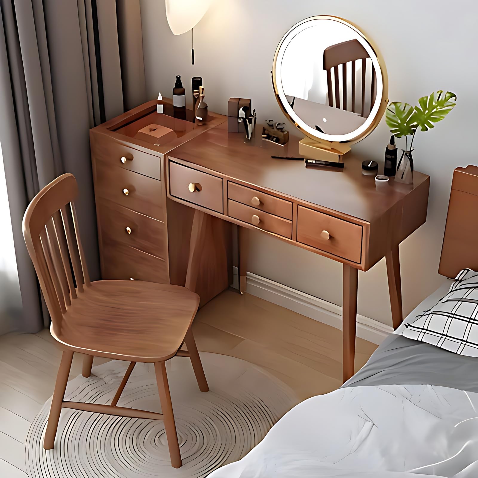Solid Wood Makeup Vanity Desk - Luxury Dressing Table with Mirror and LED Lights, Vanity Set Include Side Cabinet & Storage Drawers and Makeup Chair for Bedroom (Walnut Color,39'') 39IN
