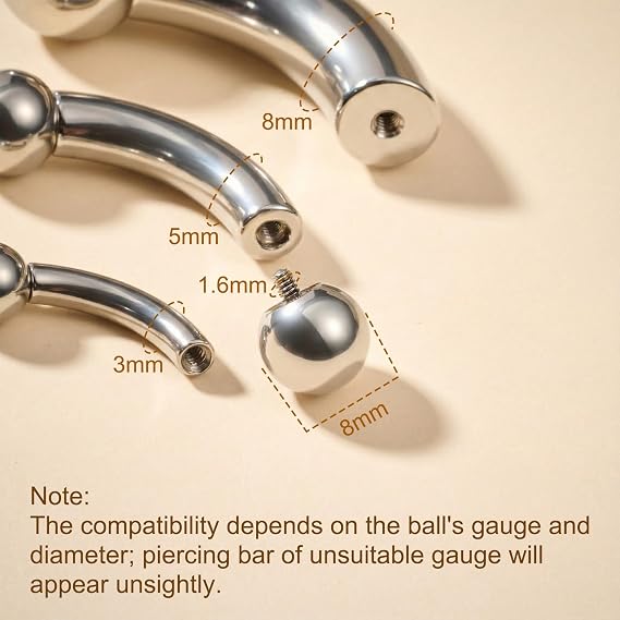 Curved Barbell Piercing Prince Albert Jewellery Pa Piercing, 14G 12G 10G 8G 6G 4G 2G 0G 00G Heavy Gauge Barbell Banana Bar with Replacement Balls for Eyebrow Belly Septum Ear Goth Punk Style