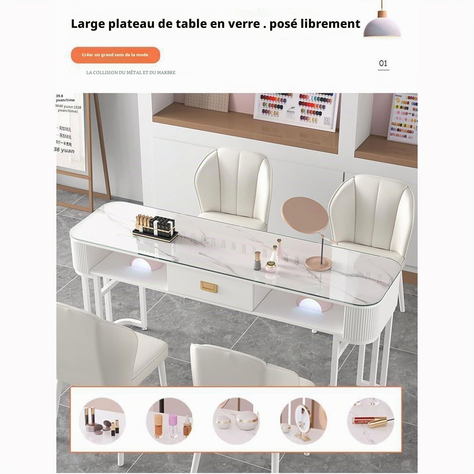 Station de Manucure Moderne, Table de Manucure avec Tiroirs de Rangement Poste de Travail Professionnel en Verre pour Salon de Manucure, Bureau, avec Étagères Ouvertes(Style 2,80x40x76cm)