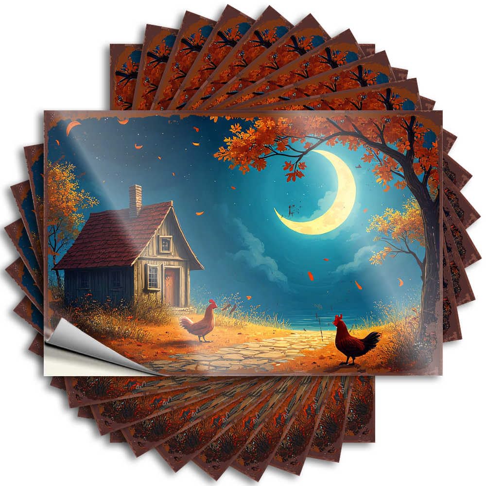 Saying Funny Durable Vinyl - Autumn Evening At The Wooden Cottage with Roosters Hard for Farmers Use(8X12CM)