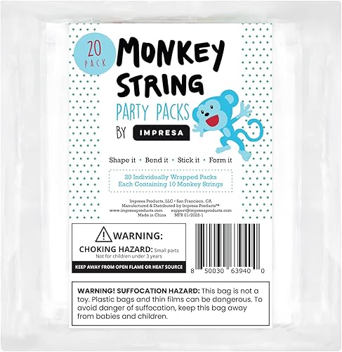 Miniatura 7 de IMPRESA Paquete de 20 bolsas de cuerda de mono para fiestas, 10 piezas por bolsa con 5 colores, hilo de cera flexible y pegajoso, palos de cera de 6