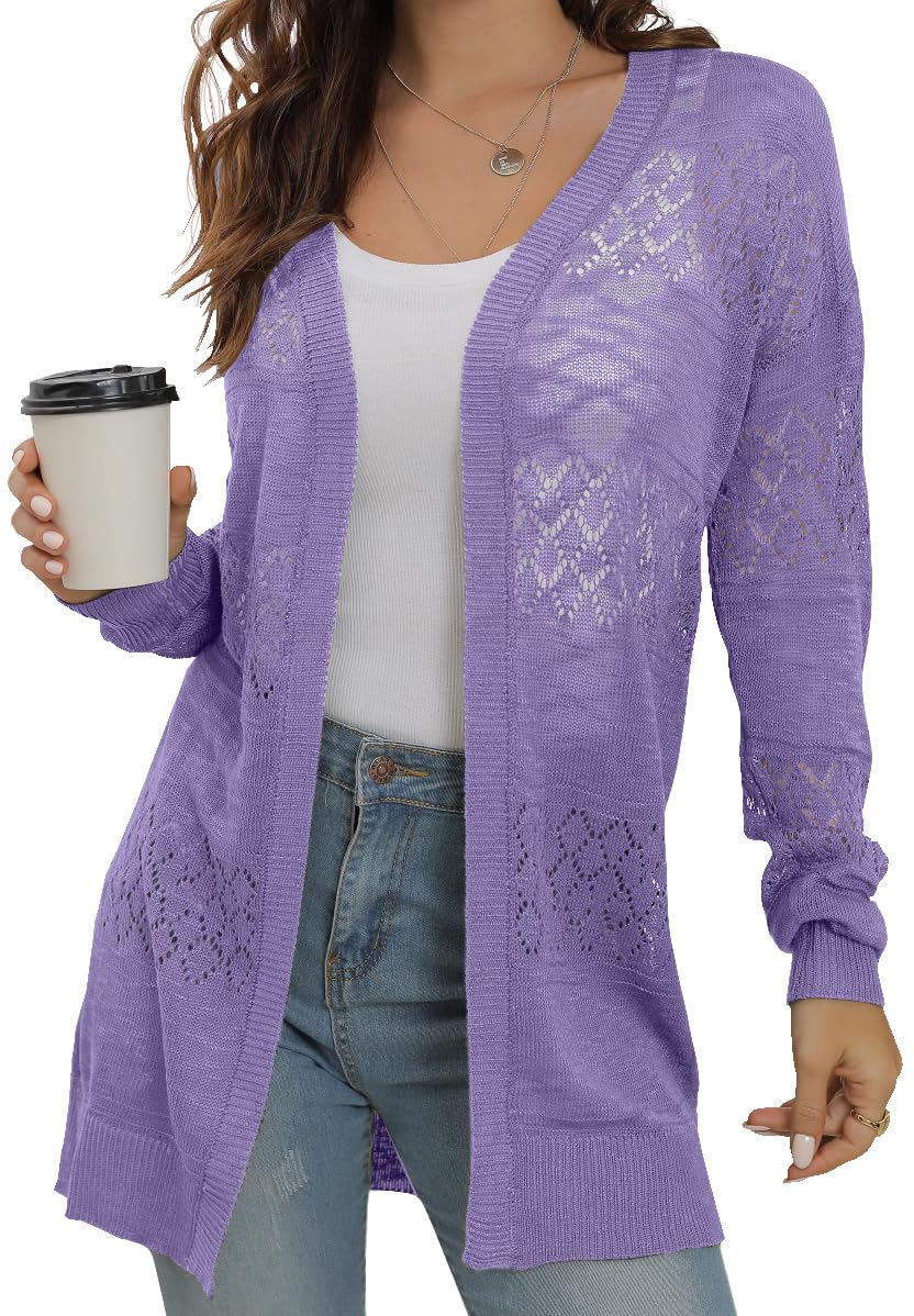 GRECERELLE Lightweight Cardigan Sweaters for Women Crochet Knit Open Front Long Sleeve Loose Casual Boho Summer Beach Coverup