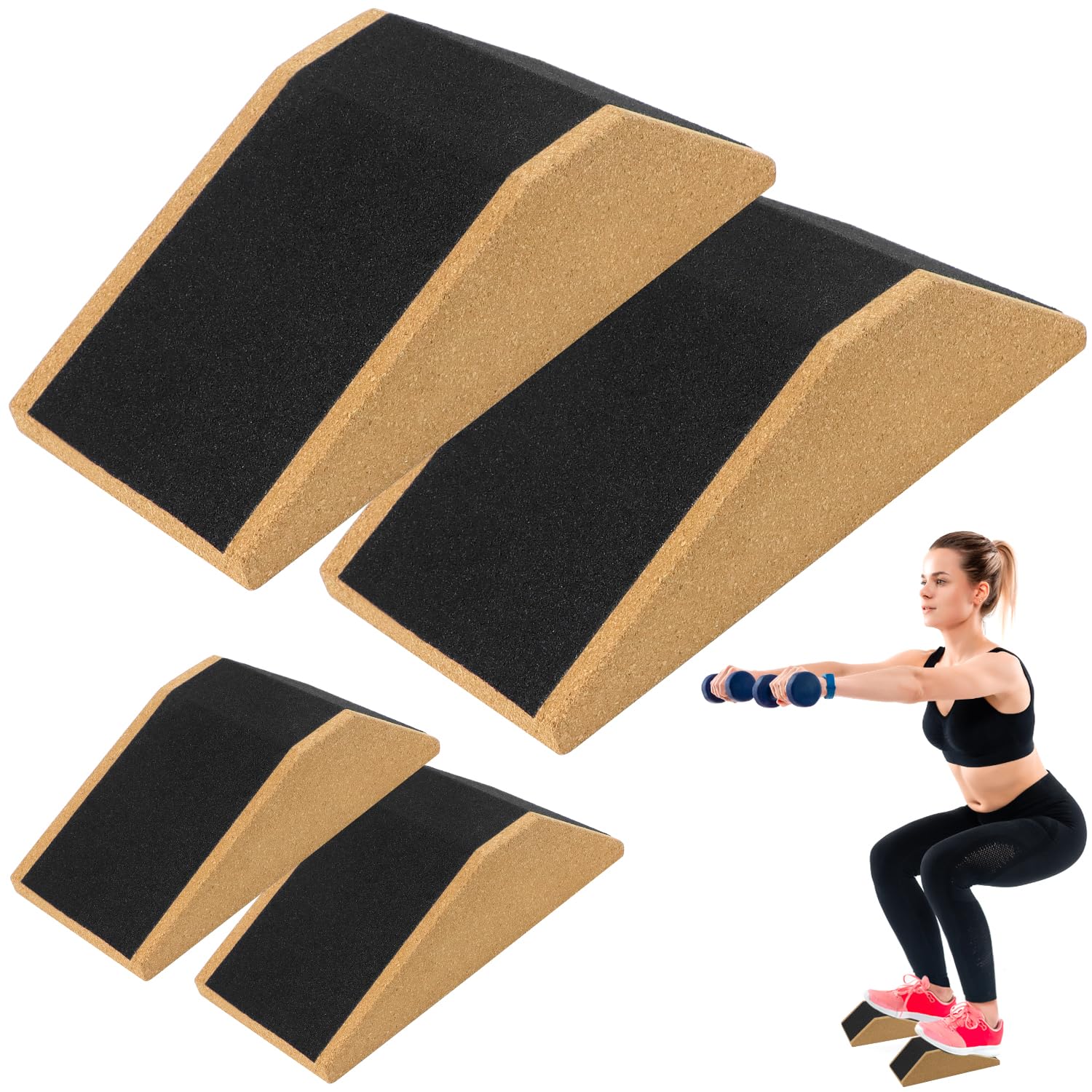 QWORK 4 Pack Cork Squat Wedge Block for Improved Squat Posture, Physical Therapy, and Calf Raises, Non-Slip Heel Elevated Slant Board, Squat Platform, Avoid Muscle Strain, Optimize Squat Form