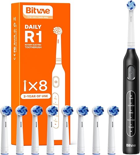 Miniatura 39 de Bitvae R2 - Cepillo de dientes eléctrico giratorio para adultos con 8 cabezales de cepillo, 5 modos de cepillo de dientes recargable con sensor