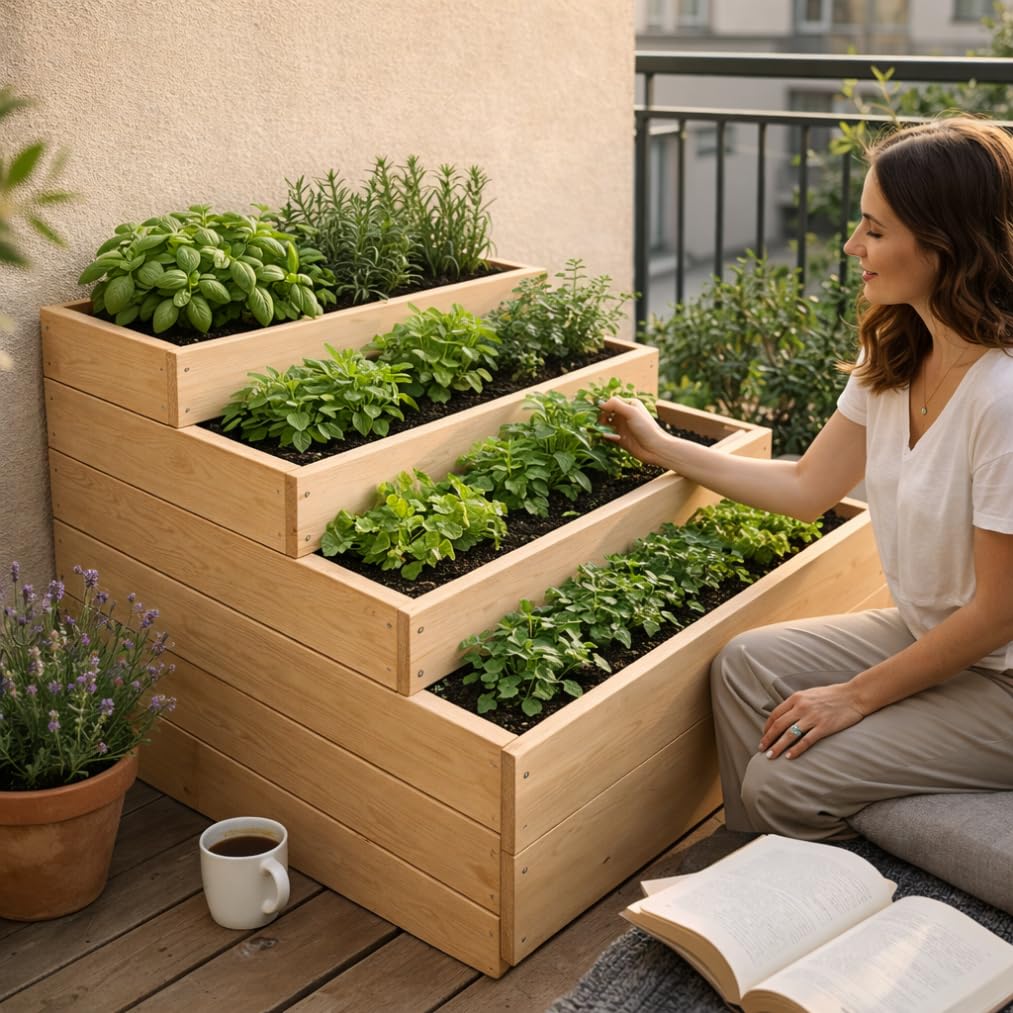 MG Design Potager surélevé en Bois 120 x 90 x 47,5 cm – Bac Potager 4 Niveaux pour légumes, Herbes et Fleurs, bac de Culture extérieur pour Jardin et terrasse