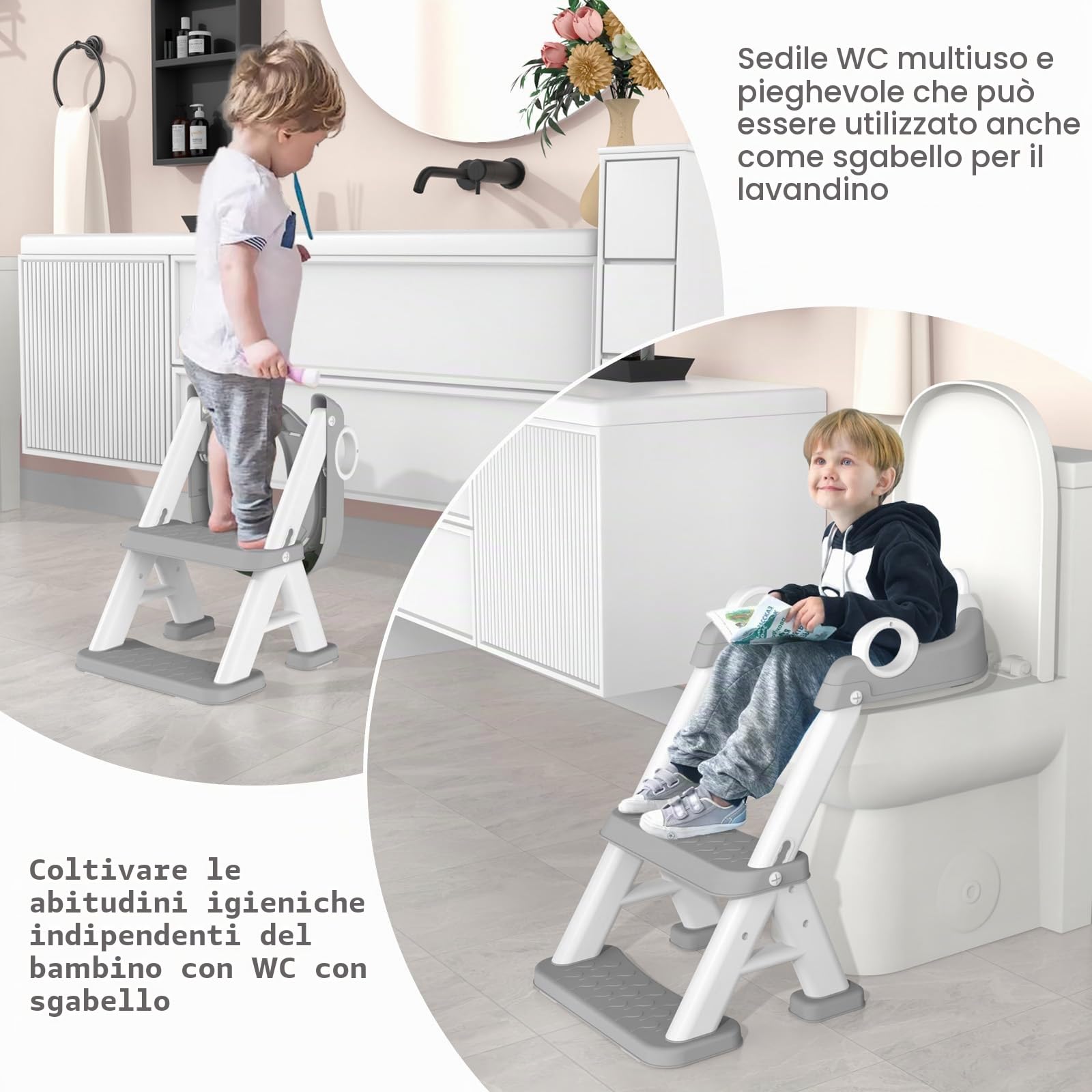Riduttore WC Bambini, Sedile Rialzato per Bambini Maschi e Femmine, Riduttore WC 2 in 1 con Scaletta, Riduttore WC Sedile del Water con Seggiolino per Bambini, Pedana Antiscivolo Anti-Spruzzo, Grigio