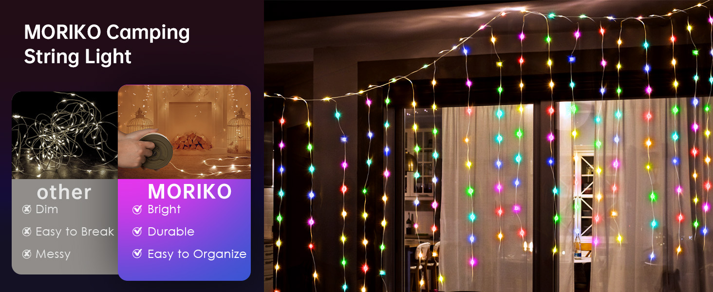 MORIKO Camping String Lights, 2 in 1 Colorful Outdoor String