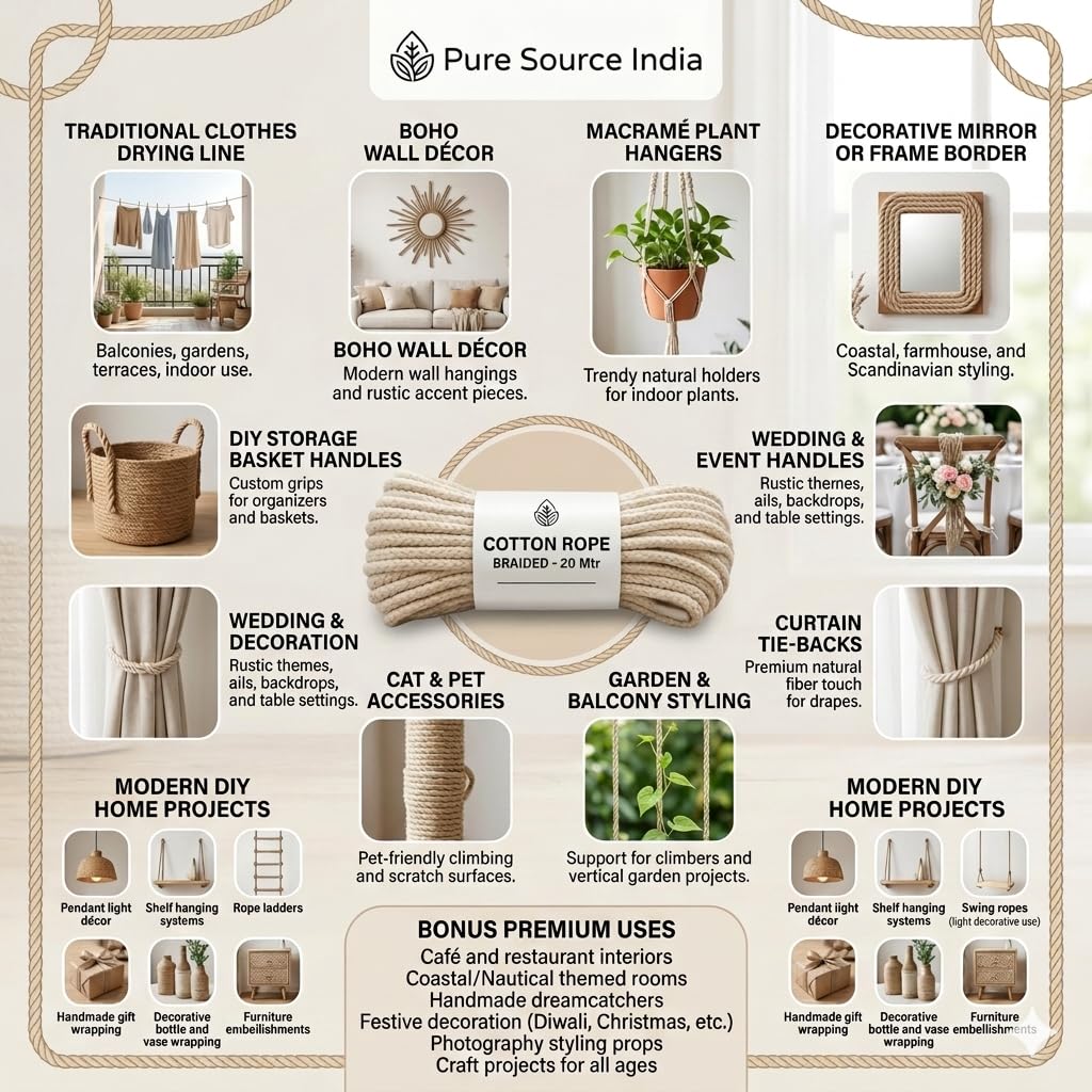 Pure Source India Cloth Line Cotton Rope Braided, for Drying Clothes, 20 Mtr (Natural White) 2