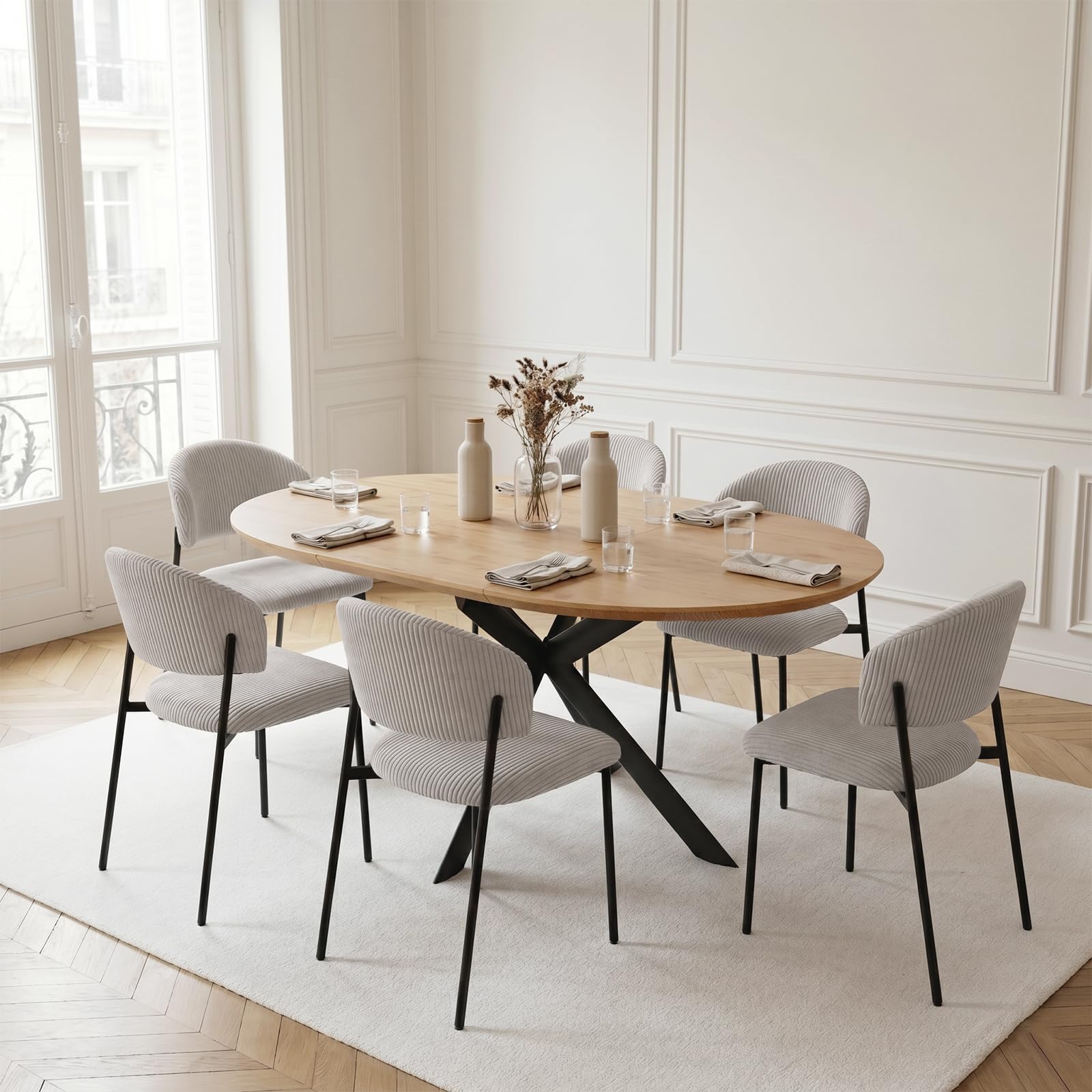 JIEXI Set tavolo da pranzo rotondo allungabile 110 x 150 cm, finitura rovere, piano rotondo in MDF, stile moderno e contemporaneo, per sala da pranzo e cucina