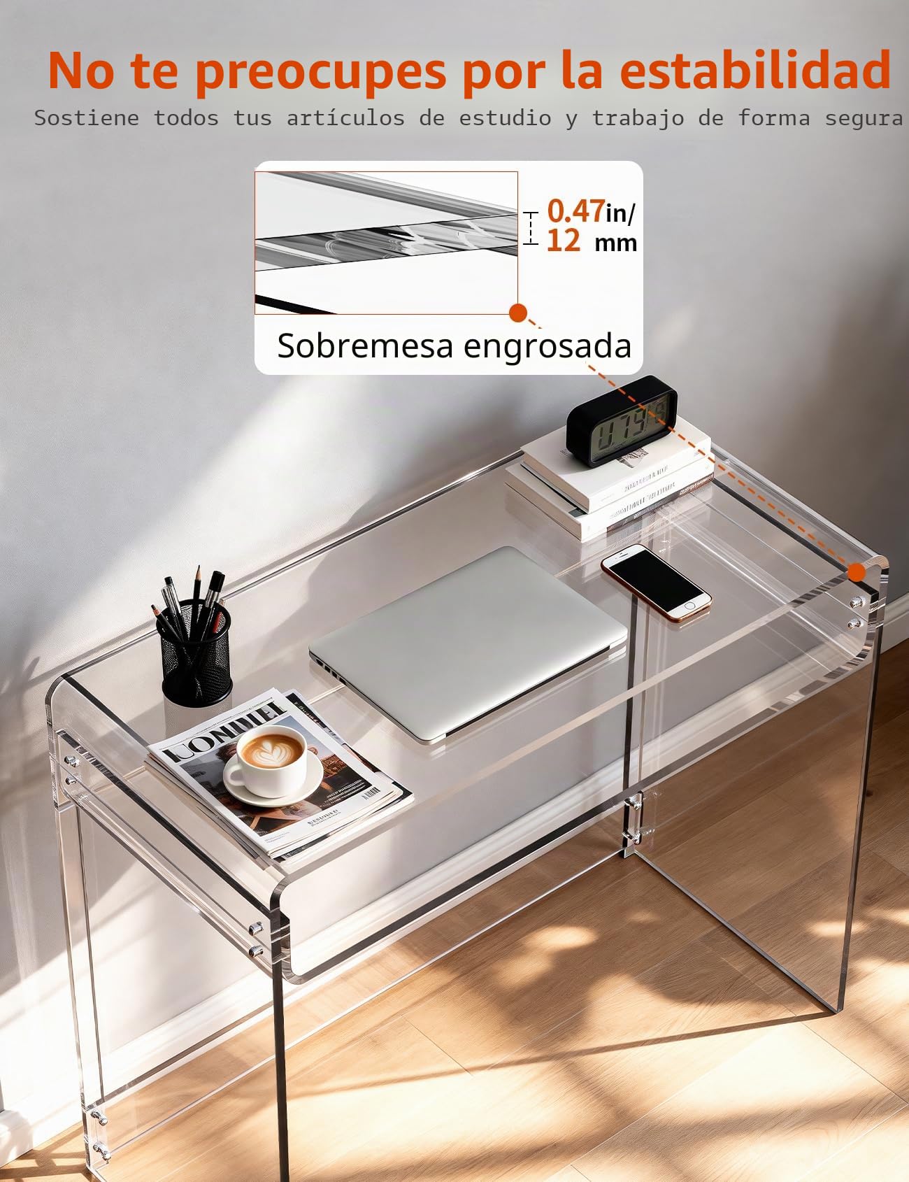 Mesa Escritorio de Acrílico, Mesa Auxiliar Escritorio de Pequeño Espacio, Ahorrar Espacio Escritorio de Computadora Doméstico, 85 x 40 x 75 cm (Claro)