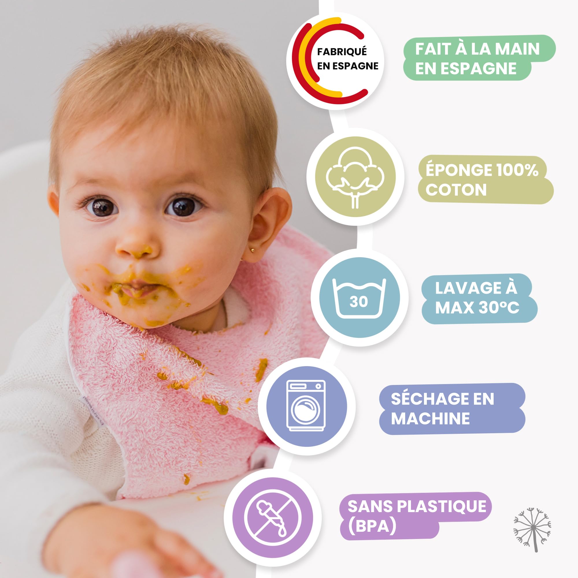 MIMUSELINA | Lot de 10 Bavoirs Bebe Imperméables en Coton avec Élastique au Cou | Grand Bavoir Bebe BLW en Éponge et Tissu Imperméable | Idéal pour la Crèche | Puericulture bébé | Fabriqué en Espagne