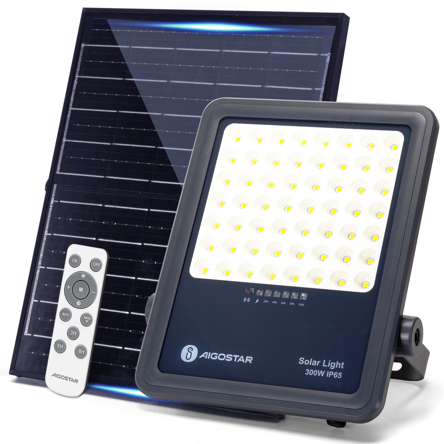 Aigostar Foco proyector LED solar con control remoto,Focos solare de 300W,3000LM,luz blanca fría de 6500K,IP65 impermeable Luz solar exterior,para jardín,terrazas,caminos,garajes,cable de 2M