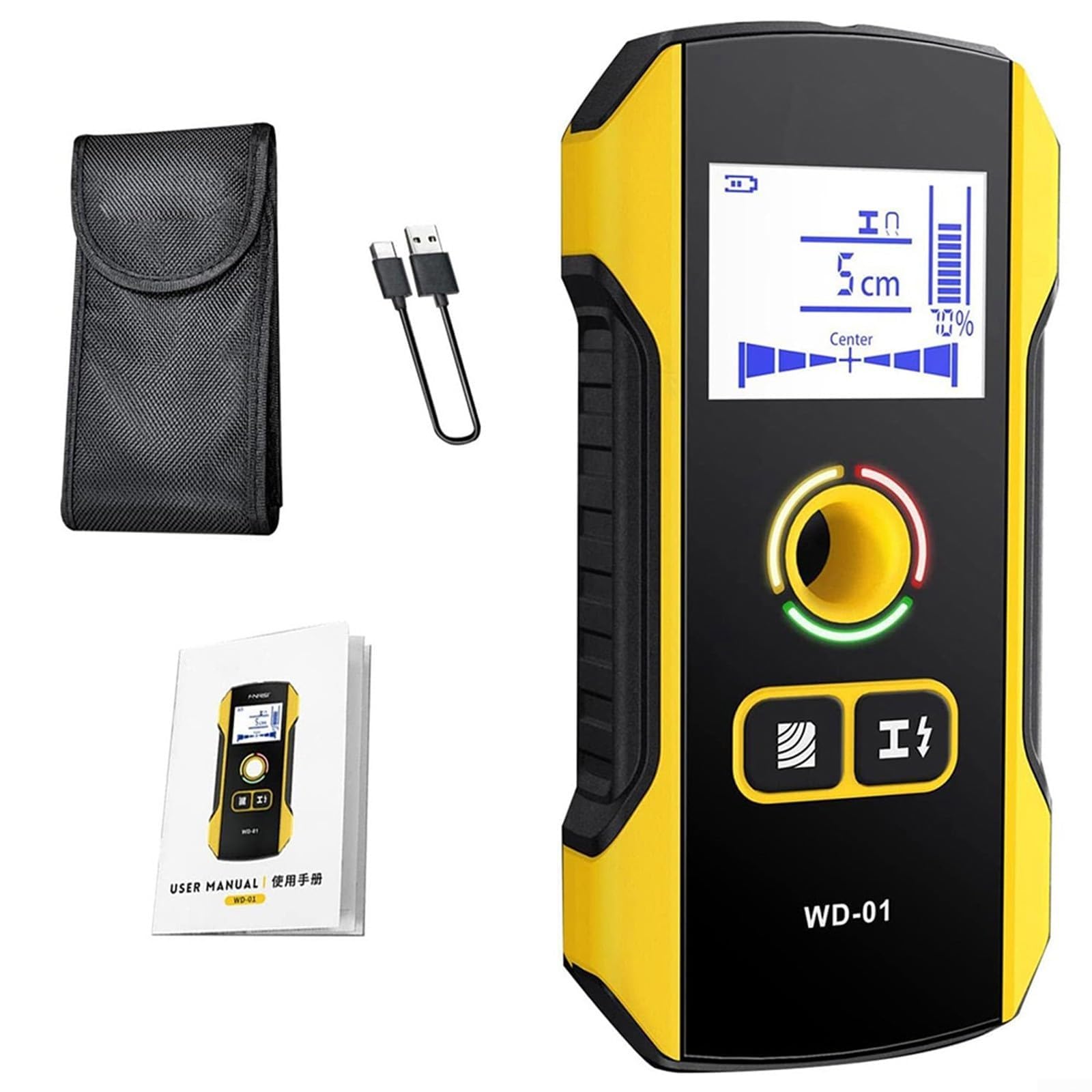 Detector de Vigas WD-01 Escáner Pared 3-en-1 con Pantalla LCD Batería Recargable Detecta hasta 120mm Profundidad para Madera Cables CA Tubos Viguetas A *1