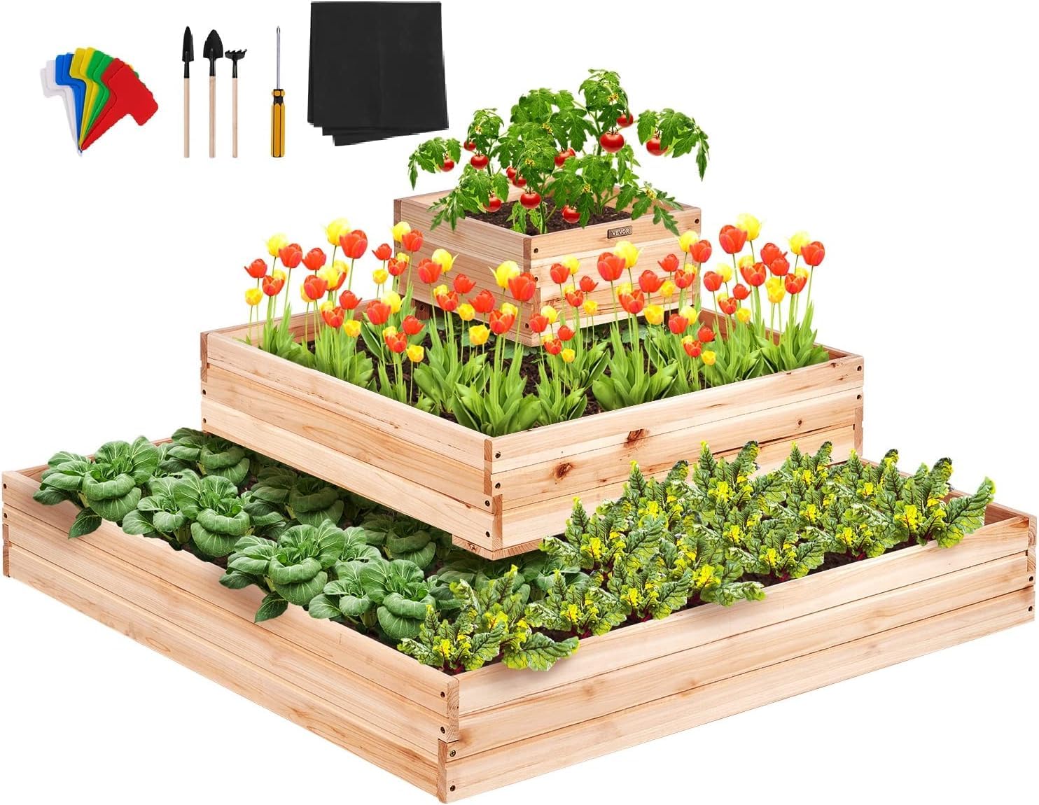 Garvee Huerto Urbano de Madera de Abeto, Cama de Cultivo Elevada 183x60x77cm, Jardinera con Ruedas y Frenos, Macetero Exterior para Verduras con Forro y Ganchos de Almacenamiento, Natural
