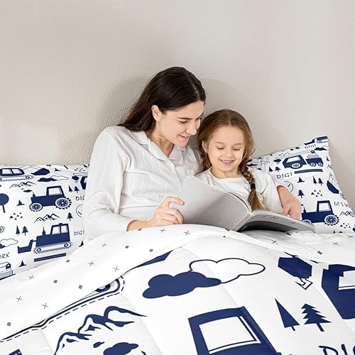 Miniatura 6 de Juego de ropa de cama de construcción, tamaño matrimonial, juego de edredón de camiones para niños y niñas, decoración de caricaturas, automóvil,