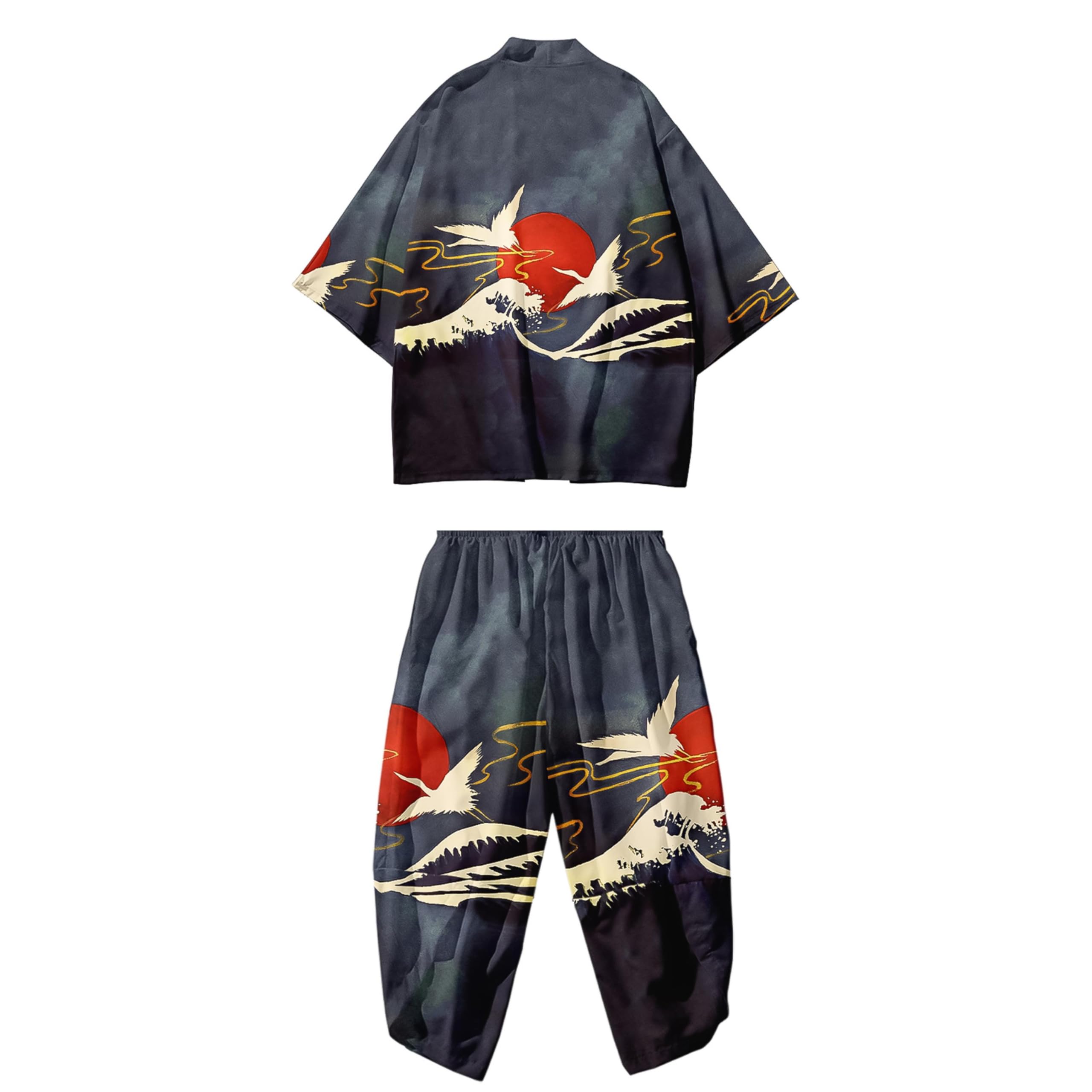 Mens Kimono Set 3/4 Sleeve Haori And Shorts Casual 2 Piece Japanese Outfits