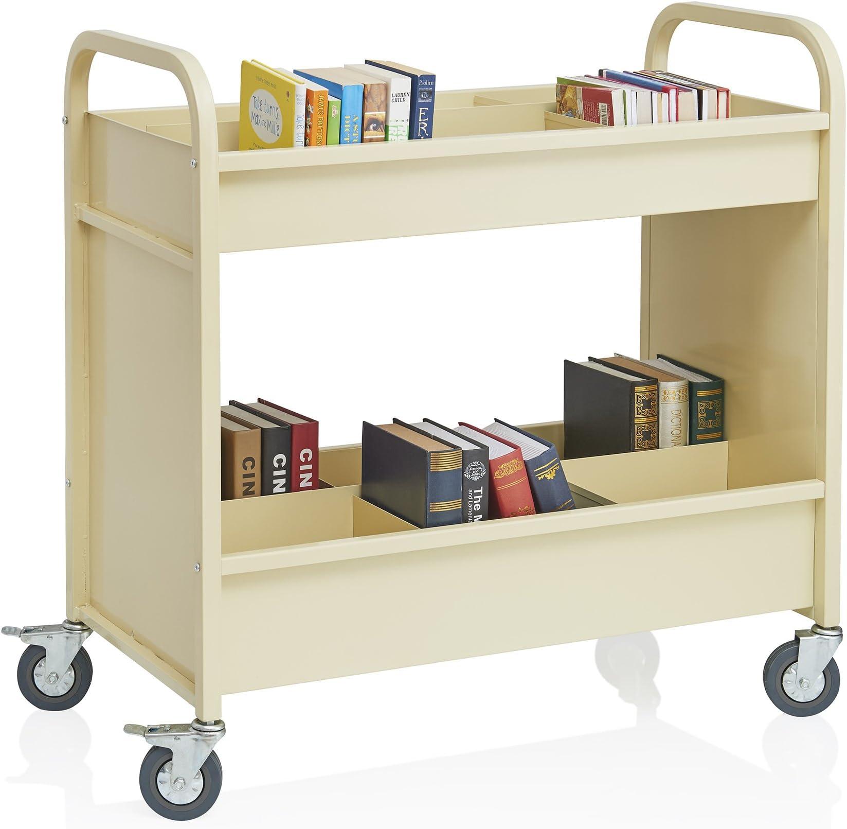 4 Wheel Heavy Duty 2-Shelf Rolling Utility Storage Cart Pearl, Metal Book Truck - School Supply and Office Furniture