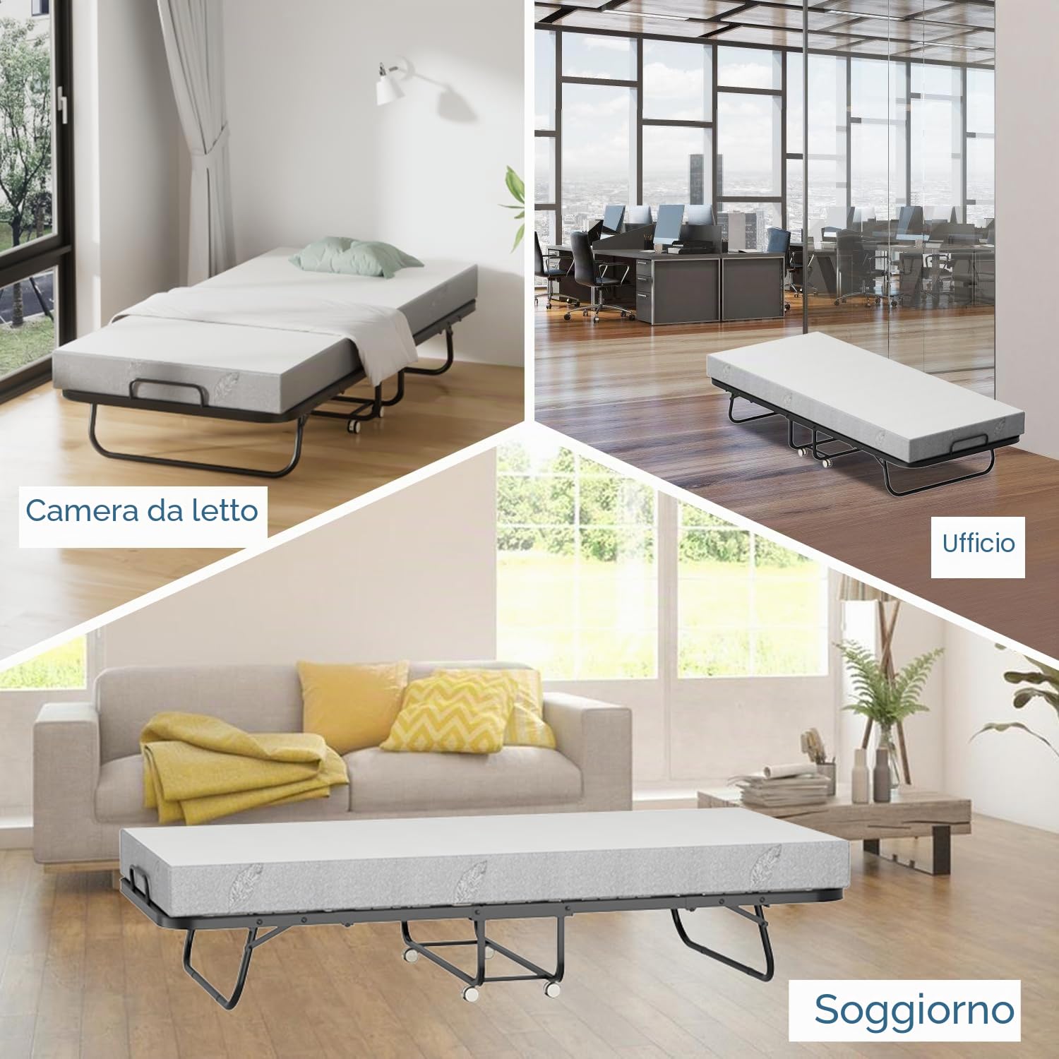 Daromigo Letto supplementare 90 x 200 cm, pieghevole, materasso 13 cm, letto singolo, metallo, 4 ruote, 150 kg, camera da letto, soggiorno