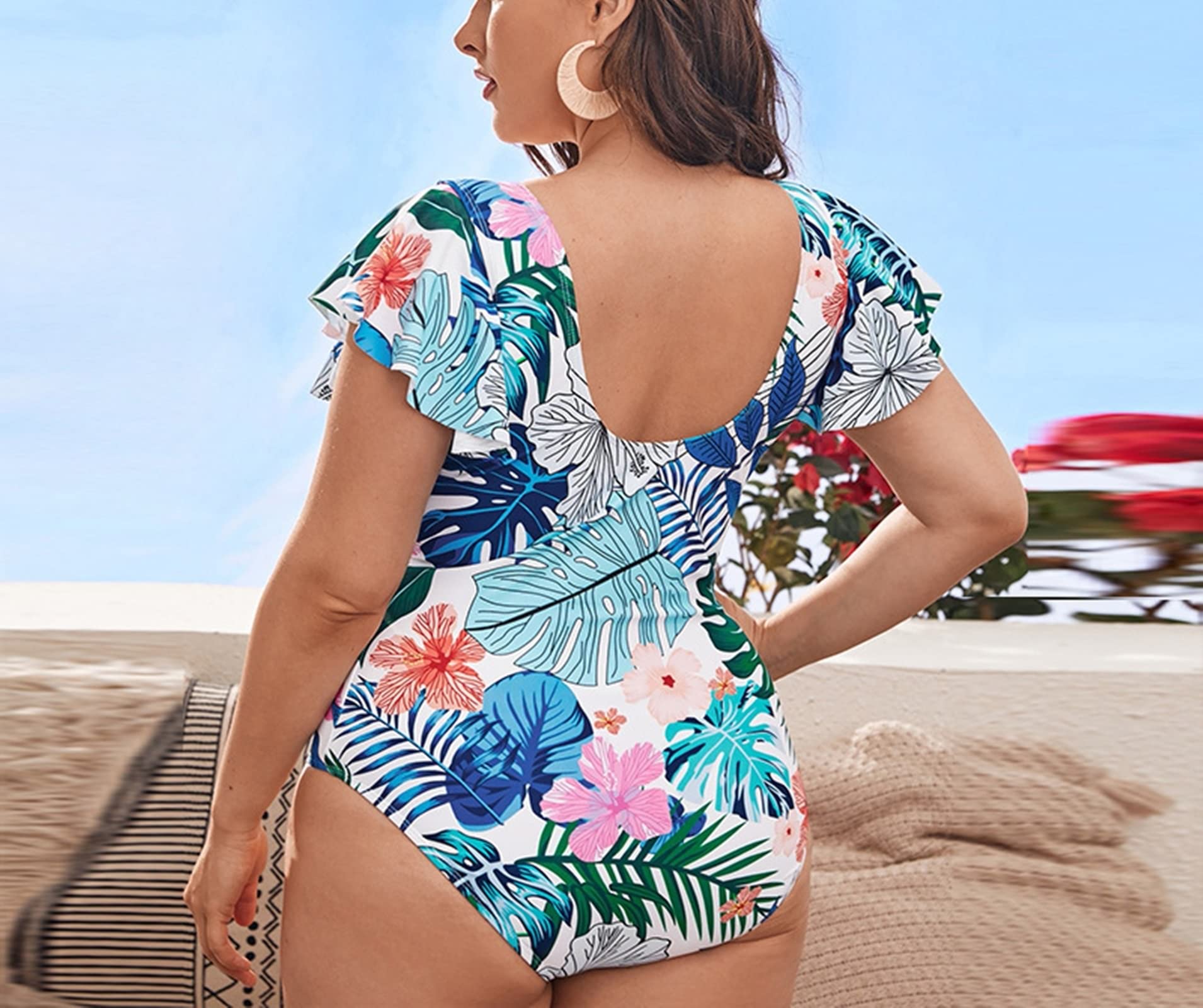 Traje de baño de 1 pieza, traje de baño para mujer, talla grande, con hojas tropicales y flores impresas, de poliéster suave