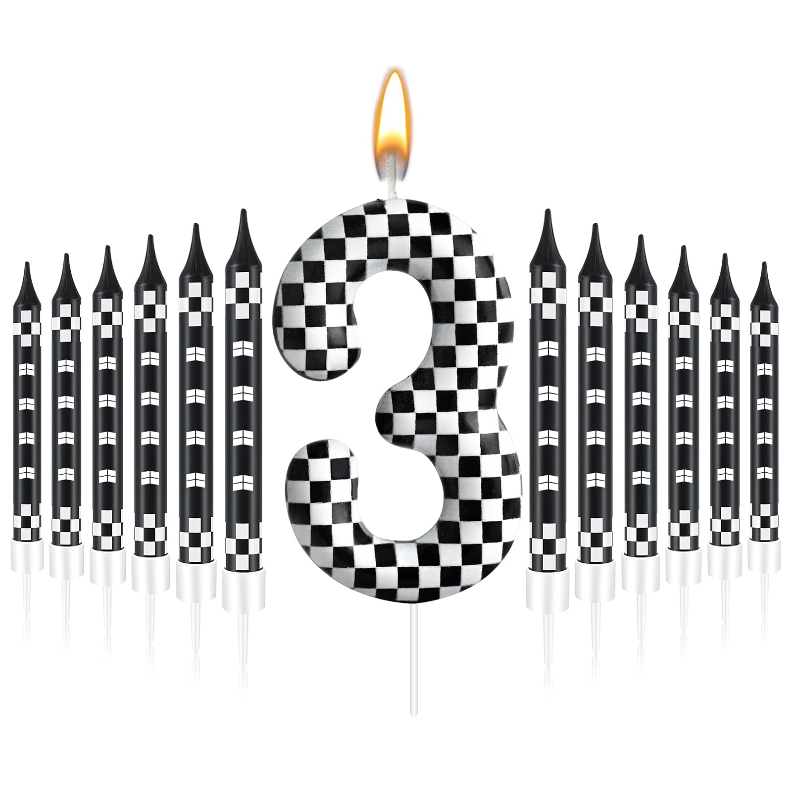 13 Pcs Racing Cars Themed Birthday Candles Black and White Race Number 3 Checkered Candle Cake Topper for Racing Car Party Decoration Supplies (Number
