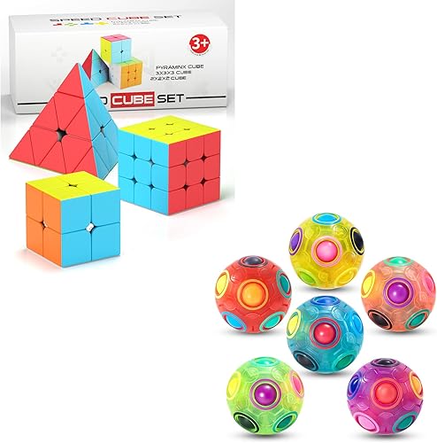 Vdealen Paquete de 6 bolas de rompecabezas arcoíris y cubo mágico de pirámide de 2 x 2 x 2, 3 x 3 x 3 pulgadas, sin calcomanías