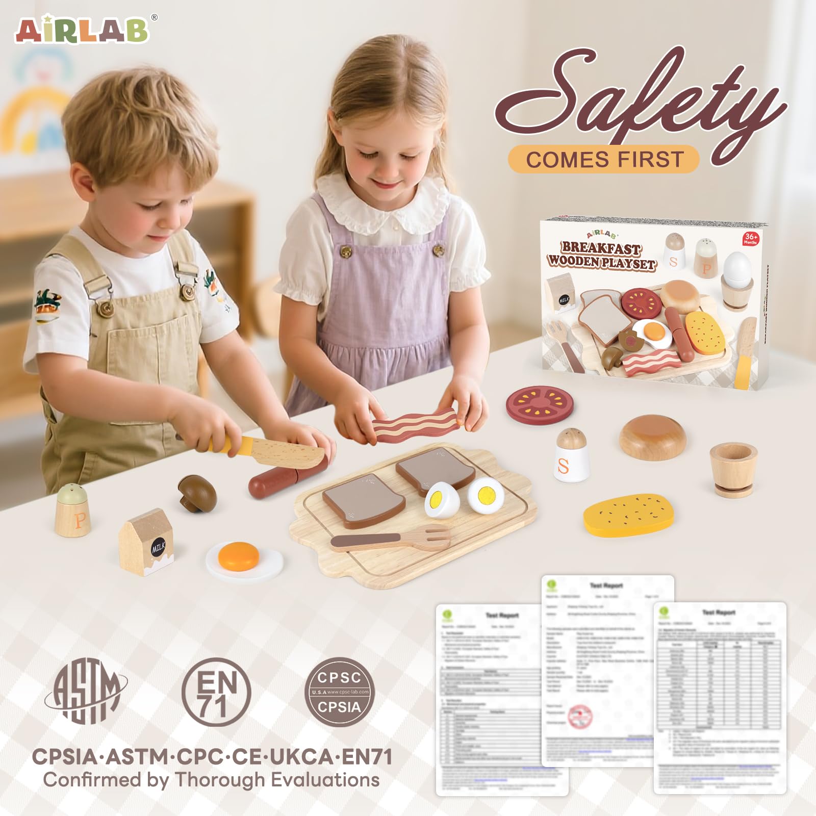 Airlab Jouet en Bois Petit-déjeuner pour Dinette Enfant, Jeux Ustensile Accessoire Cuisine Bois Enfant avec Couteau Aliment Nourriture, Kit Cadeau Anniversaire Pâques Halloween Noël Garçon Fille Bébé