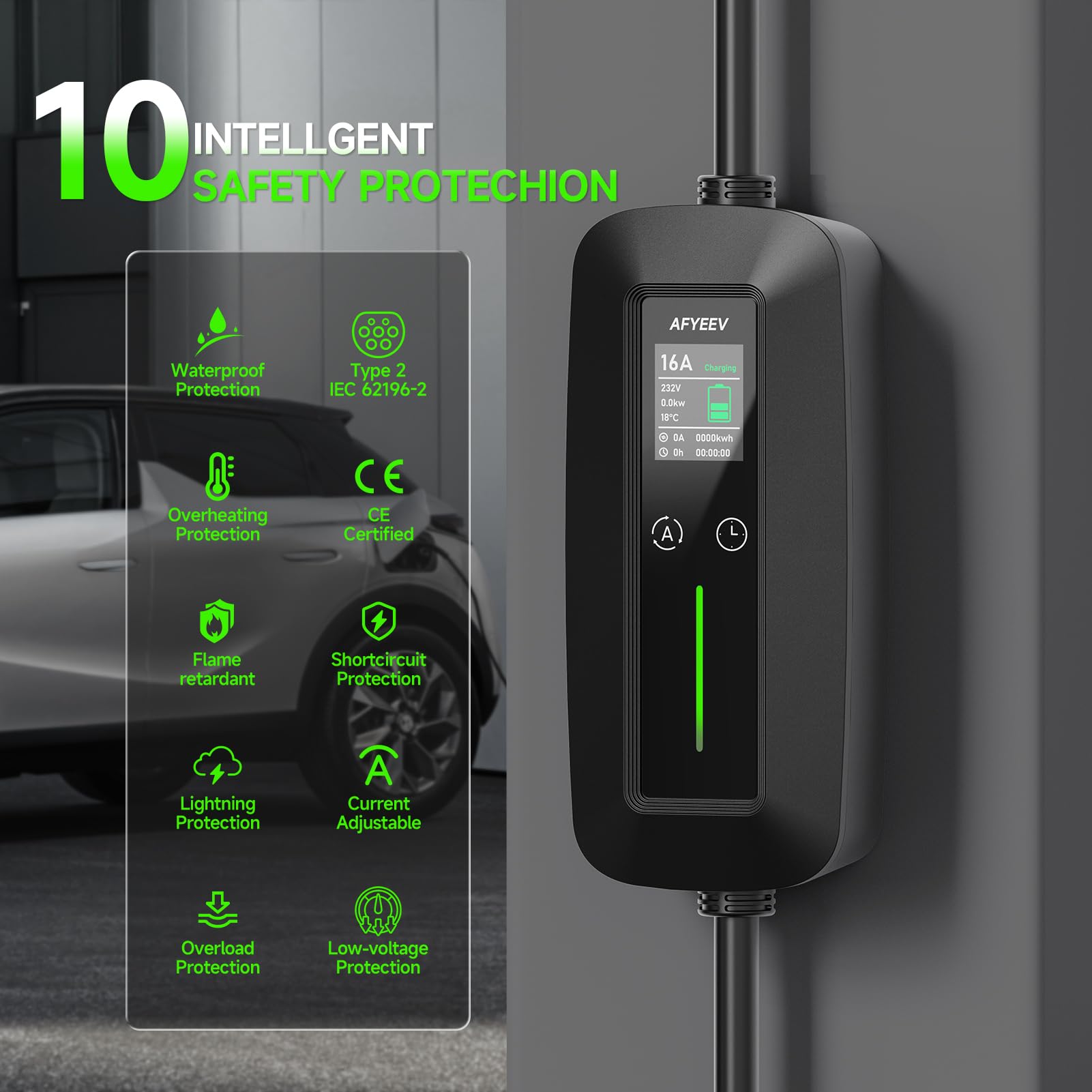 Cable de Carga Schuko Tipo 2, 10 m, 3,68 kW, 6-16 A | Coche eléctrico Tipo 2, Schuko, Cargador portátil para Coche eléctrico