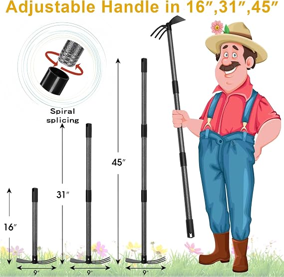 Hoe and Cultivator - 45 Long Handle - Heavy Duty Garden Hoe Tiller, Standing Hoe Garden Tools Durable Cultivator Hoes Hand Rake Fork for Gardening Weeding Planting Loosening Soil