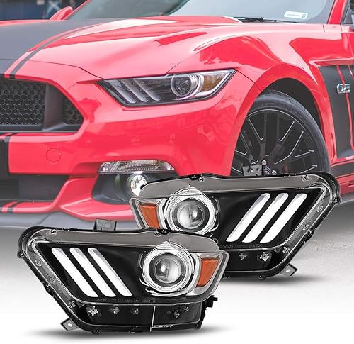AUTOWIKI Faros delanteros para Ford Mustang 2015-2017 con carcasa negra reflector ámbar lente transparente 2PCS