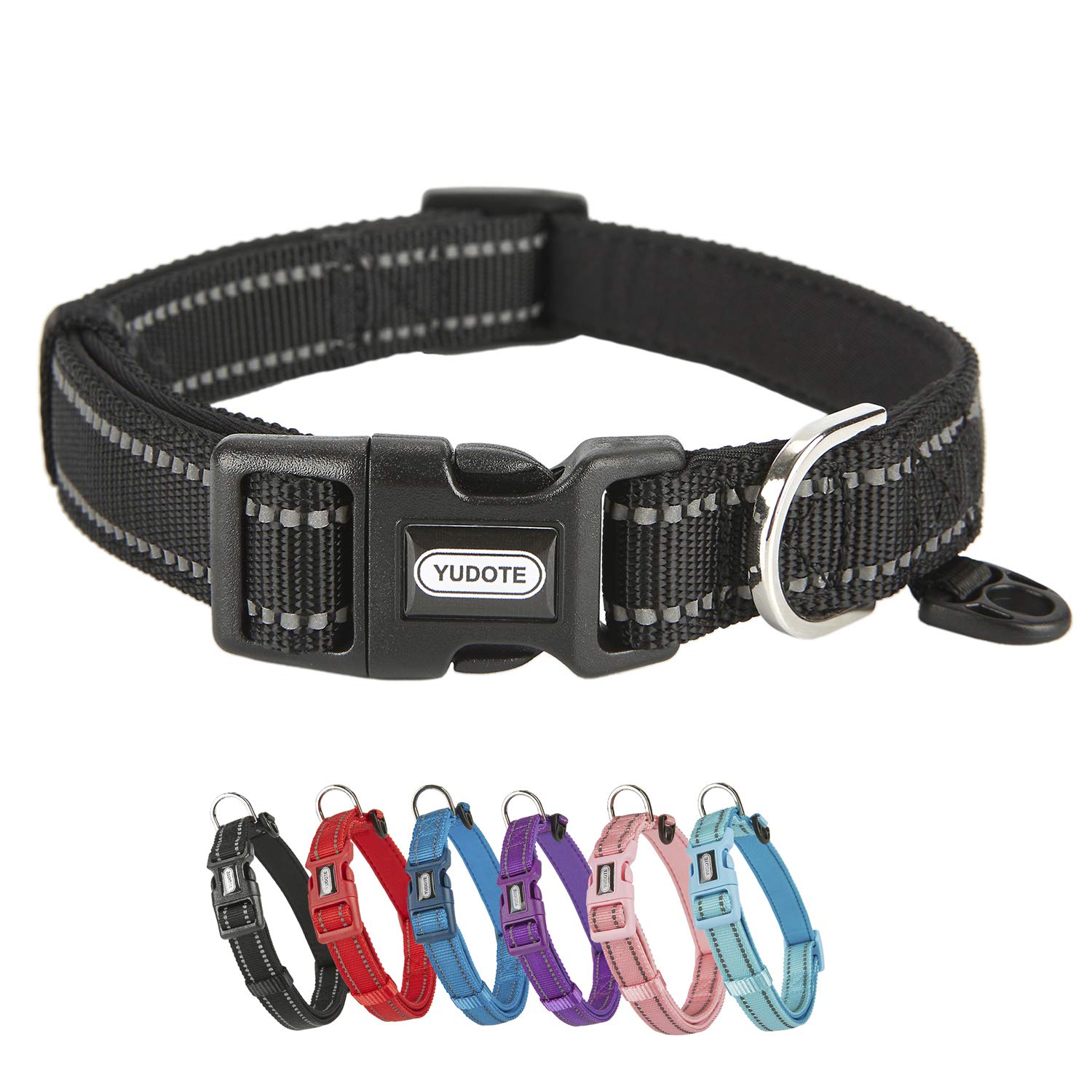 YUDOTE Collare per cani medio e resistente tessuto in nylon riflettente con fodera imbottita in neoprene morbido e confortevole per cani di medio Uso quotidiano,Nero
