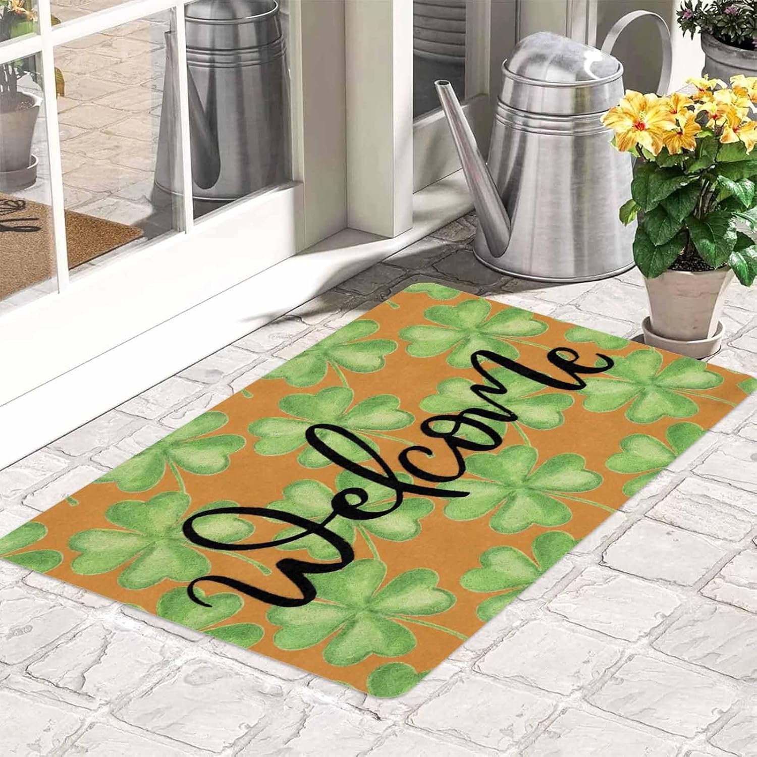 St. Patrick's Day Welcome Door Mat Green Shamrock Clover Decorative Rug Non Slip Indoor Outdoor Entrance Mat for Front Porch Home Decor 18 x 30 Inch