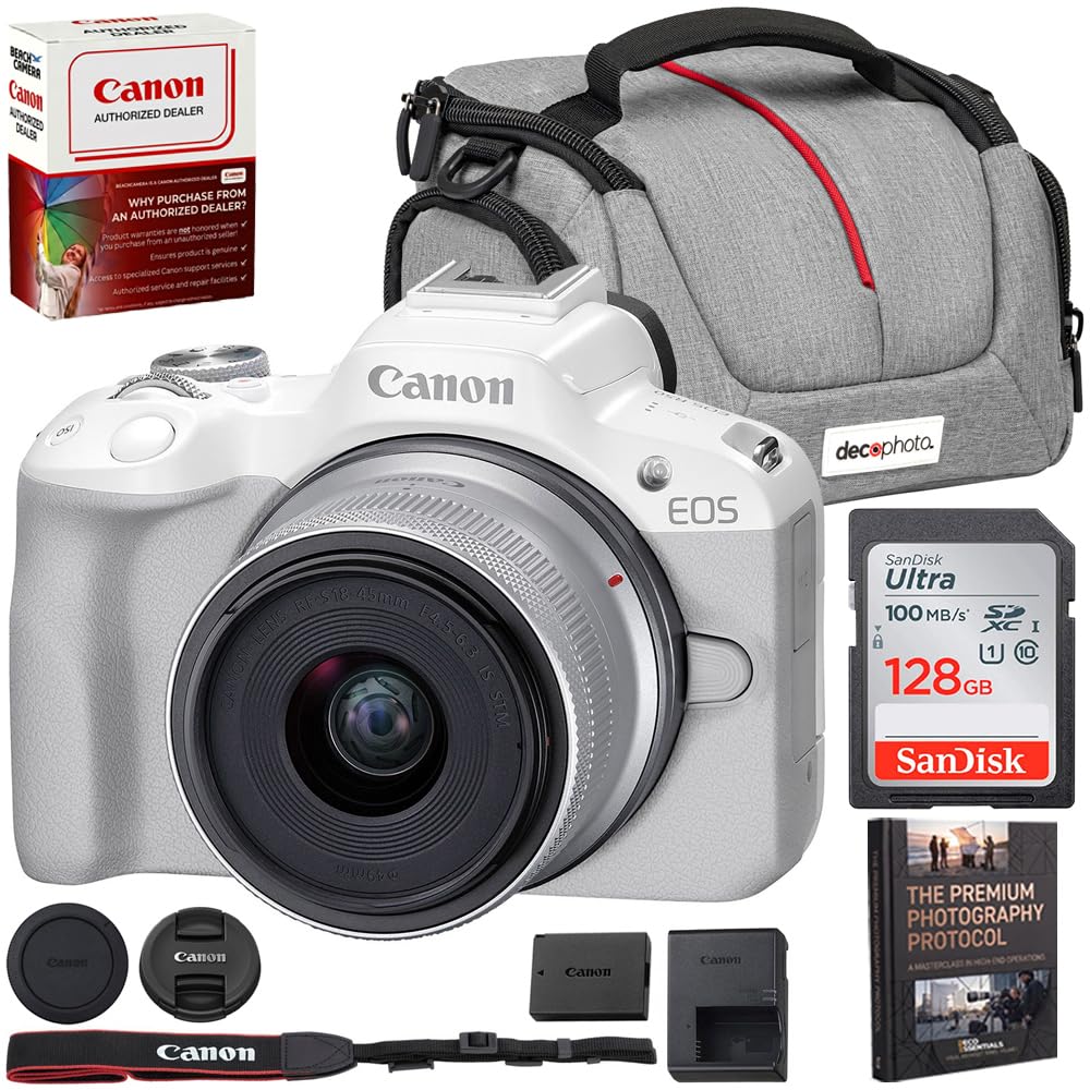 Canon EOS R50 Mirrorless Camera + RF-S 18-45mm F4.5-6.3 is STM Lens White 5812C012 Bundle with Sandisk 128GB Memory Card + Deco Essentials Camera Bag + Photography Pro Kit
