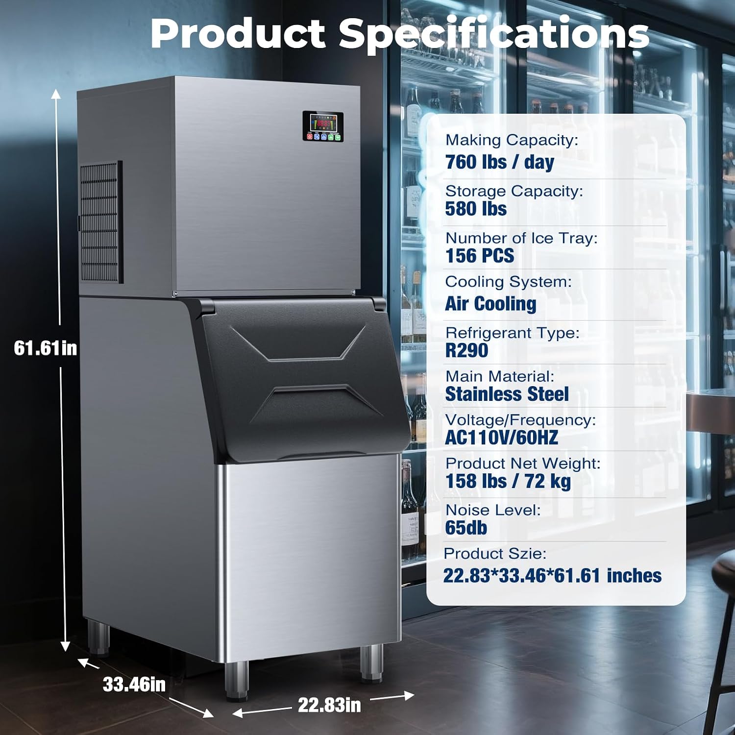 Commercial Ice Maker, 760 LBS/24h, 580lbs Storage Bin, Stainless Steel Ice Machine, ETL Approval, Ready in 8-15 min, Self-Cleaning with Premium Filter for Bar/Cafe/Restaurant/Business