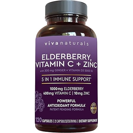 Viva Naturals Elderberry, Vitamin C, Zinc, Vitamin D 5000 IU & Ginger - Antioxidant & Immune Support Supplement, 2 Month Supply (120 Capsules) - 5 in 1 Daily Immune Support for Adults