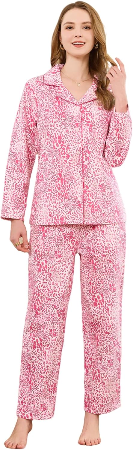 HEARTNICE Women's 100% Cotton Long Sleeve Pajama Set, 2-Piece Cozy Flannel Print PJs Button Up Ladies Sleepwear
