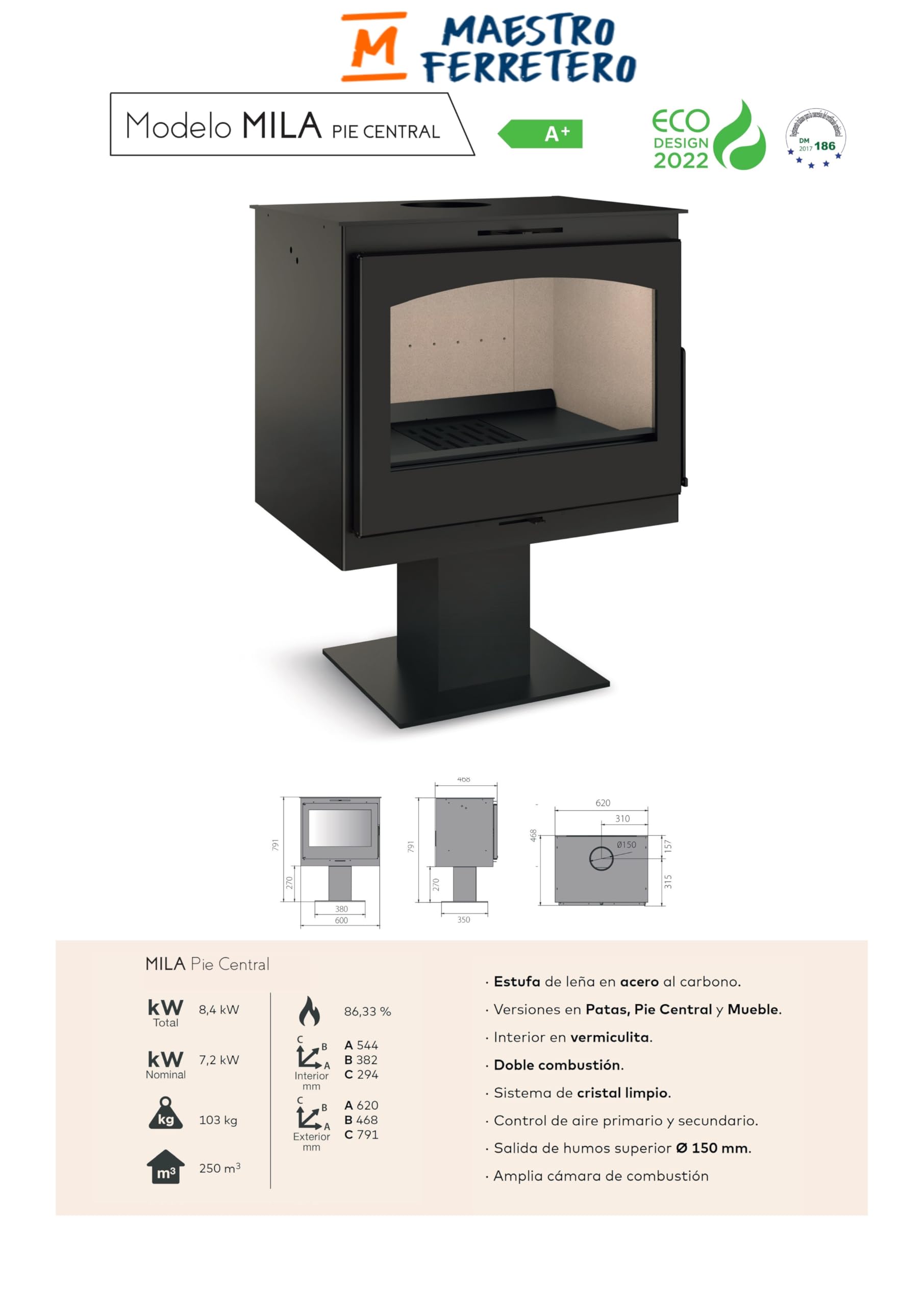 TJ - Estufa de Leña Modelo Mila PIE Central de 7,2 kW