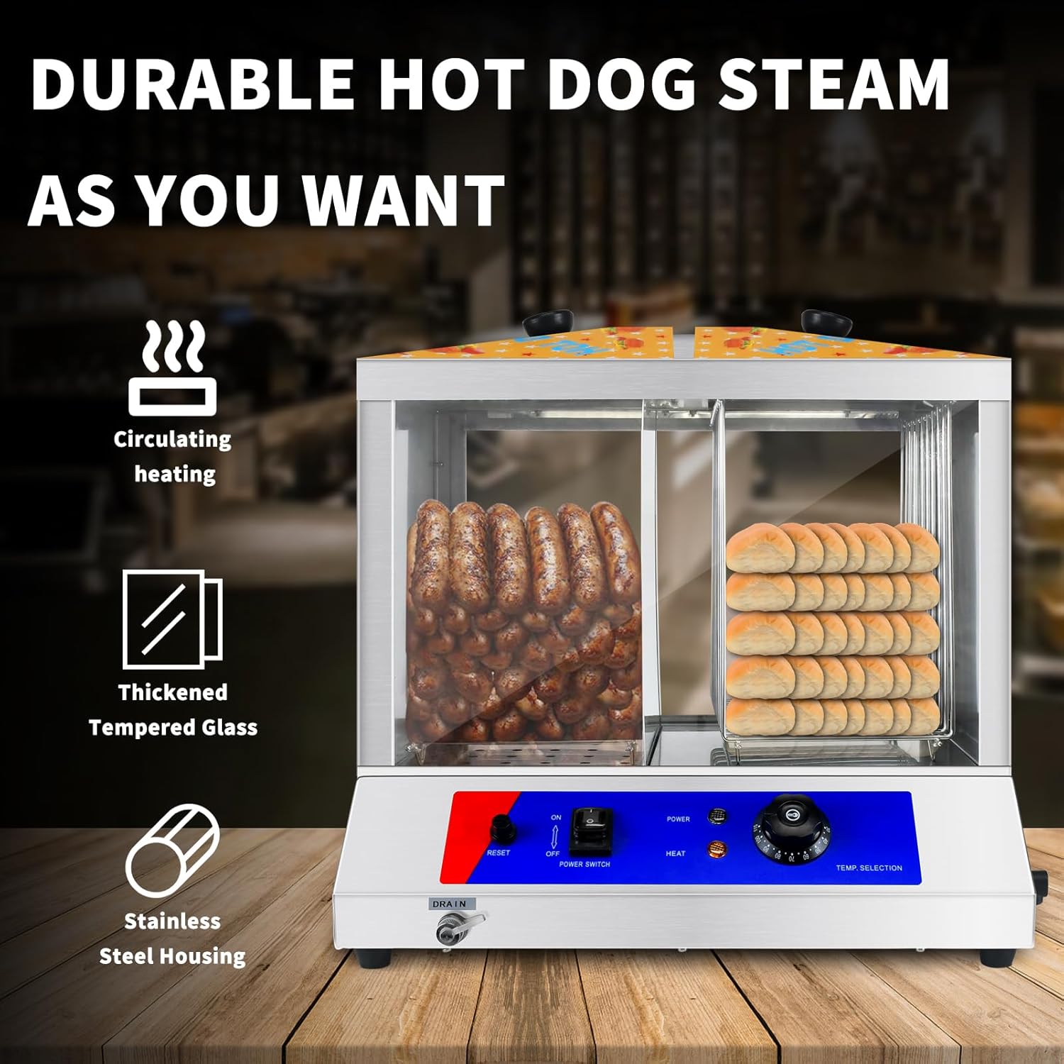Hot Dog Steamer 36L Hot Dogs Buns Steamer for 100 Hot Dogs & 50 Electric Bun Warmer Cooker with Thickened Tempered Glass Stainless Steel
