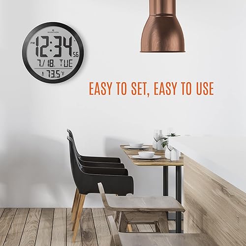 Miniatura 6 de MARATHON Reloj de pared digital redondo de 15 pulgadas, negro, grande, pantalla fácil de leer - AMPM o hora de 24 horas, ocho zonas horarias,