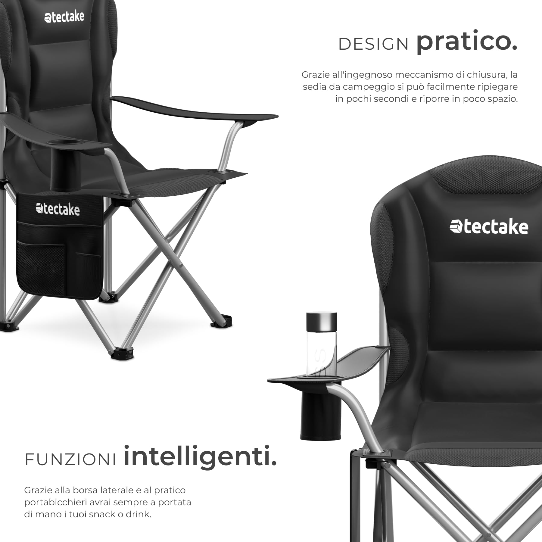 tectake® Sedia da Campeggio Imbottita, Pieghevole, Portabicchieri, Tessuto Oxford 600D Idrorepellente, Struttura in Acciaio, Piedini Antiscivolo e Antigraffio, Tasca Laterale, Borsa per il Trasporto
