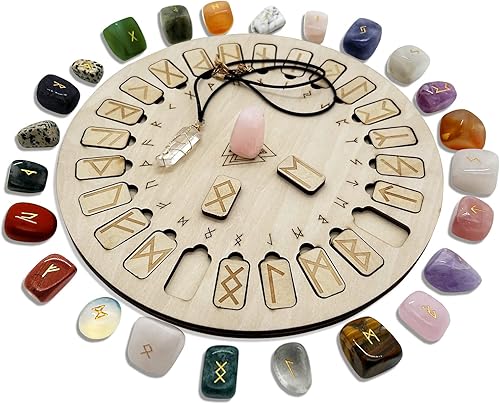 Juego de piedras de runas, disco de madera con inscripción de vida eterna y runa de cristal de colores mixtos para meditación y curación de
