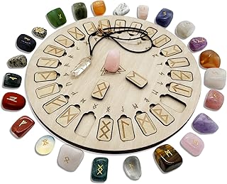 Rune Stone Set, Wooden Disc with Eternal Life Inscription and Mixed Color Crystal Rune Set for Meditation and Witchcraft Healing, Chakra Balancing for Beginners (Mixed Color Rune Set)