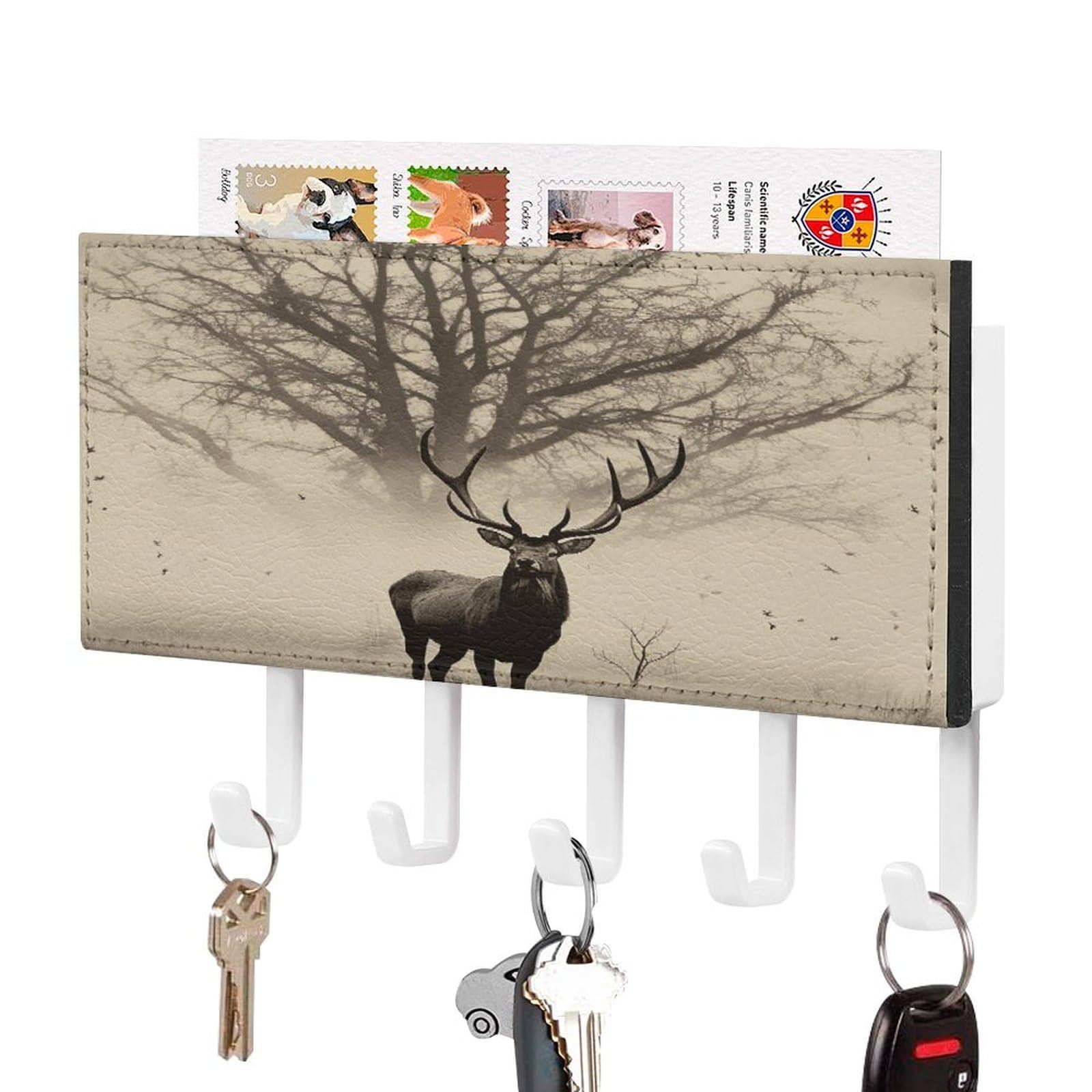 Vstadank White-Style Abstract Tree Elk Picture Key Holder Wall Mount Easy Installation Key Racks With Tray Farmhouse Wall Shelf With 5 Hooks Self Adhesive Key Hanger And Mail Holder For Entryway Home Decor